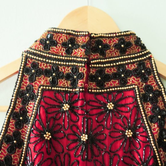 Papell Boutique Silk Evening Red Black Gold Multi-Color Floral Beaded Top - Picture 8 of 9